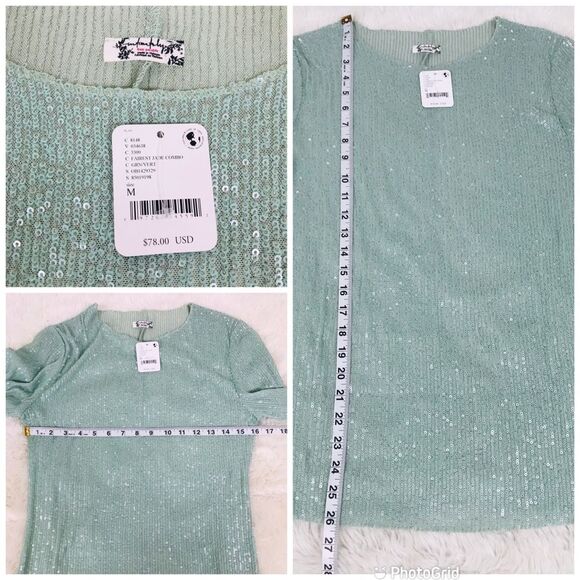 FREE PEOPLE Gold Rush Sequin Long Sleeve Top Tee Mint Green Medium Large New - Picture 10 of 11